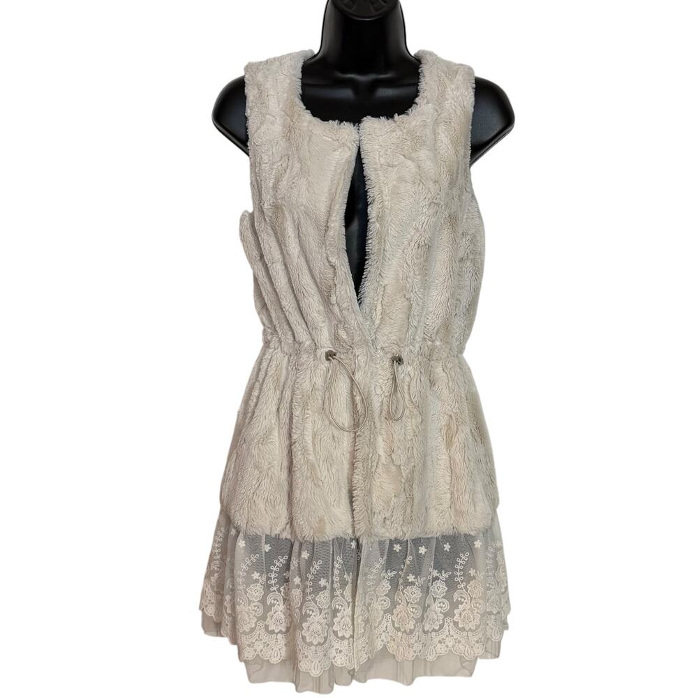 Altar'd State Faux Fur Long Vest Lace Trim Cream Ivory Small Boho Coquette